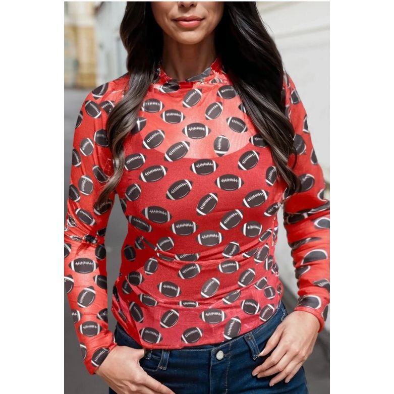 Red Mesh Football Print Long Sleeve Top