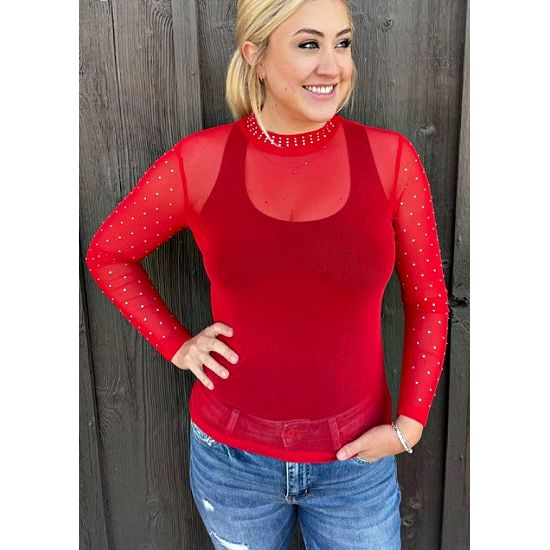 Ruby Red Mesh Long Sleeve Top with Rhinestones - Rhinestone Gal