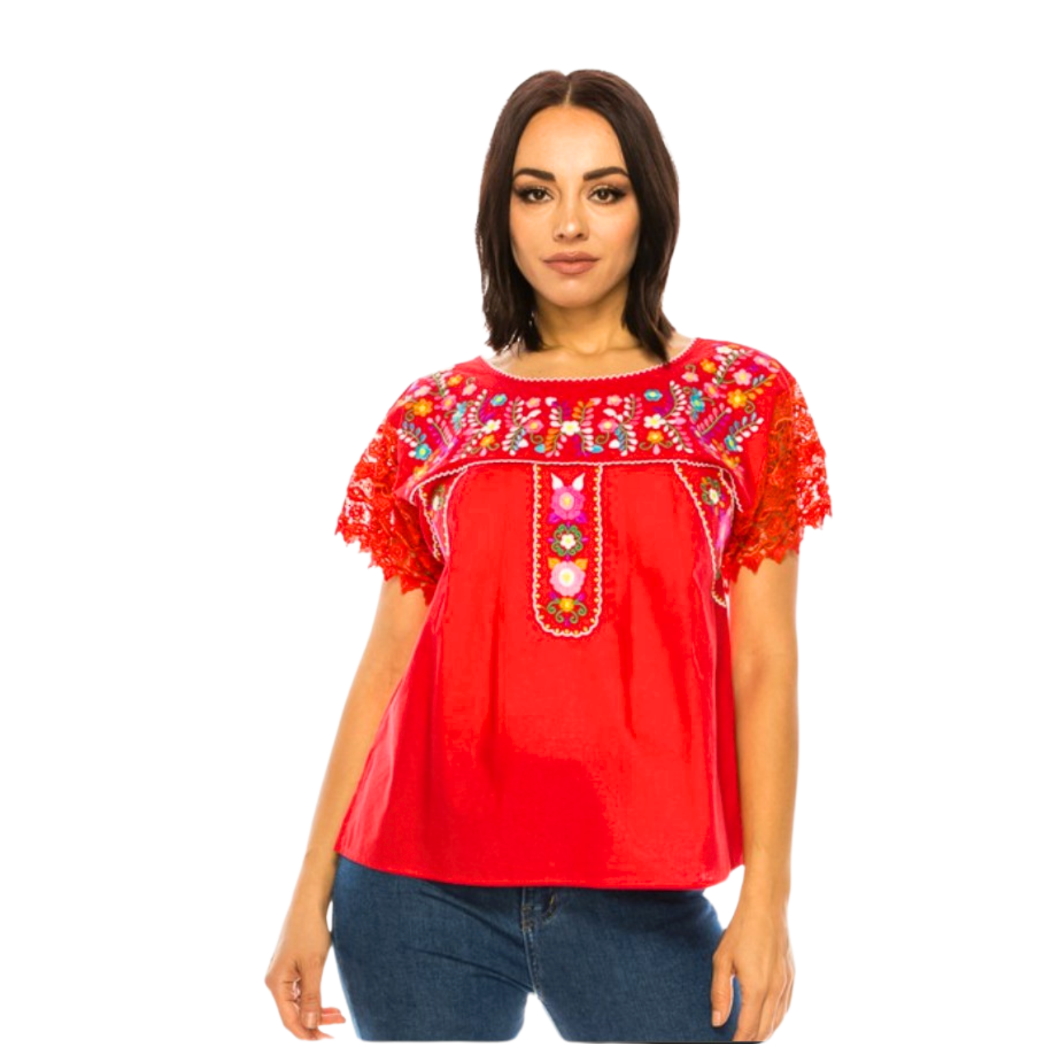 Red Embroidered Mexican Lace Sleeve Blouse