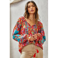 Red Paisley Print Top with Embroidery
