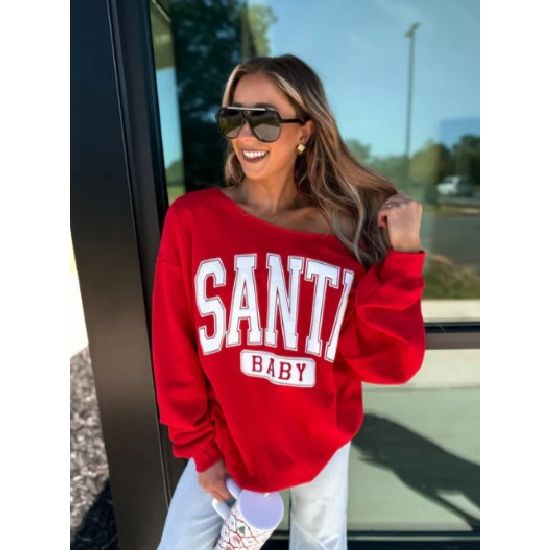 Red “Santa Baby” Off-Shoulder Sweatshirt – Gildan Unisex Holiday Pullover