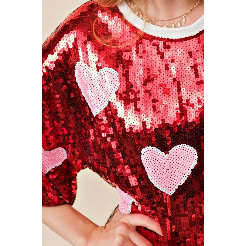 Valentine's Day Heart Print Sequin Tunic Top Dress