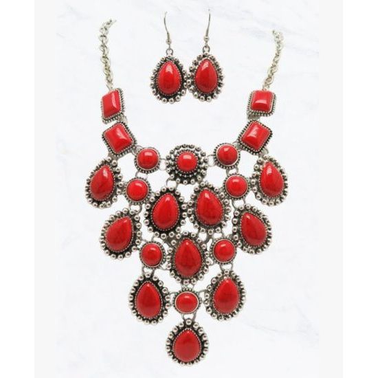 Red Stone Statement Necklace & Earring Set