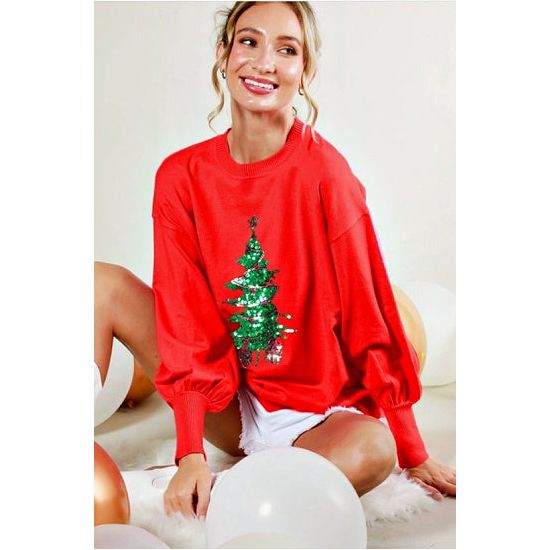 Red Sweater with Sequin Christmas Tree