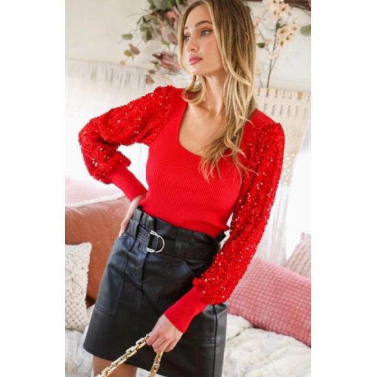 Red Sparkling Sequin Sleeve Top