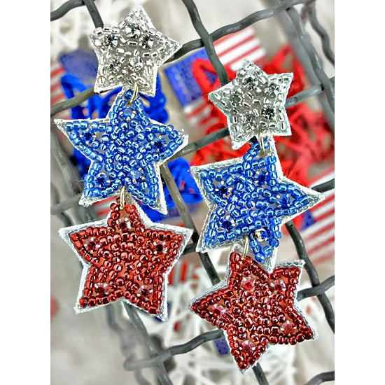 Patriotic Star Trio Crystal Seed Bead Earrings