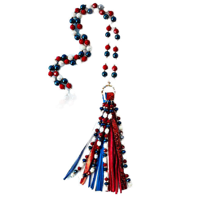 Red White and Blue Long Beaded Tassel Necklace - Rhinestone Gal