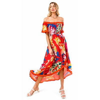 Red Tropical Floral Off Shoulder Hi-Lo Maxi Dress