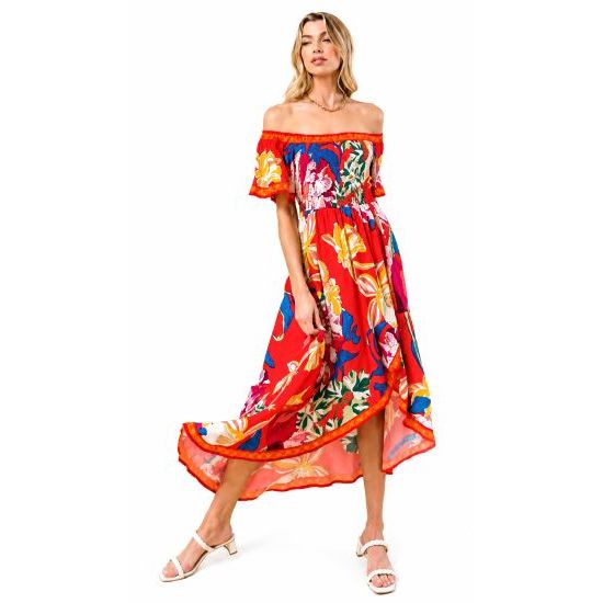 Red Tropical Floral Off Shoulder Hi-Lo Maxi Dress