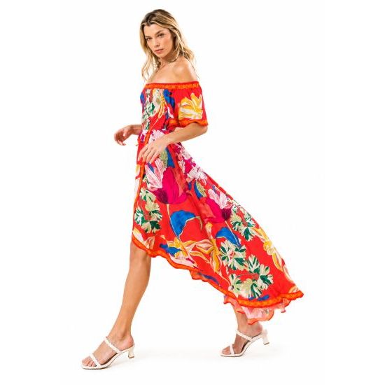 Red Tropical Floral Off Shoulder Hi-Lo Maxi Dress