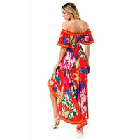Red Tropical Floral Off Shoulder Hi-Lo Maxi Dress
