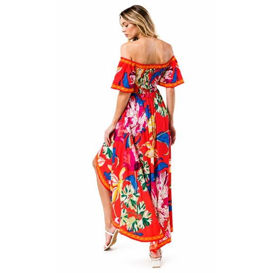 Red Tropical Floral Off Shoulder Hi-Lo Maxi Dress