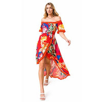 Red Tropical Floral Off Shoulder Hi-Lo Maxi Dress