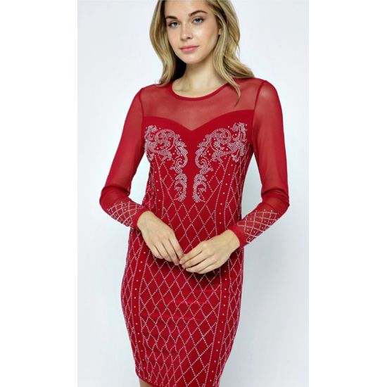 Red Rhinestone Mesh Long Sleeve Dress