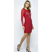 Red Rhinestone Mesh Long Sleeve Dress
