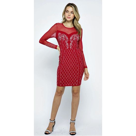 Red Rhinestone Mesh Long Sleeve Dress