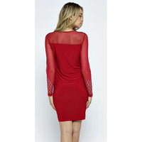 Red Rhinestone Mesh Long Sleeve Dress