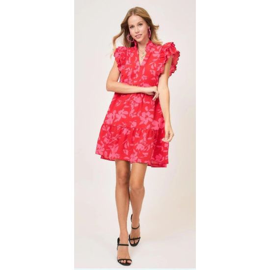 Red Mix Floral Ruffle Sleeve Dress