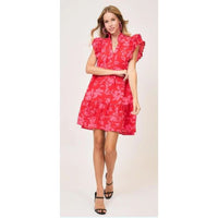 Red Mix Floral Ruffle Sleeve Dress