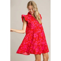 Red Mix Floral Ruffle Sleeve Dress