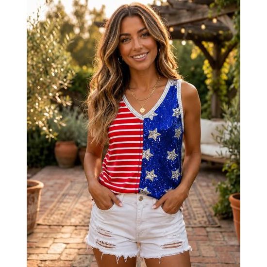 God Bless America Sequin Star Tank