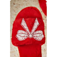 Red Plush Rhinestone Bow Slippers with Pearl Detail