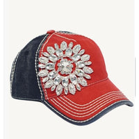 Patriotic Rhinestone Flower Distressed Baseball Cap