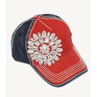Patriotic Rhinestone Flower Distressed Baseball Cap