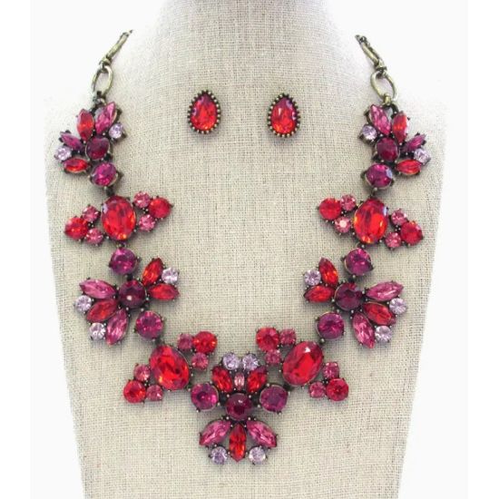 Luxury Victorian Red & Pink Crystal Statement Necklace Set