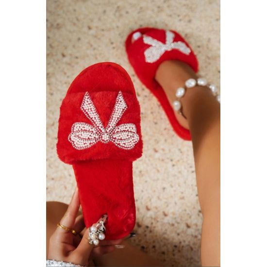 Red Plush Rhinestone Bow Slippers with Pearl Detail