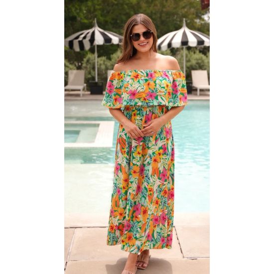 Resort Radiance Tropical Off-Shoulder Maxi Dress