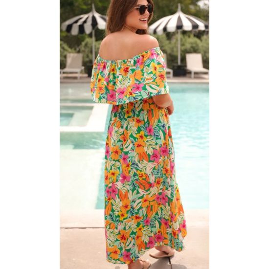Resort Radiance Tropical Off-Shoulder Maxi Dress