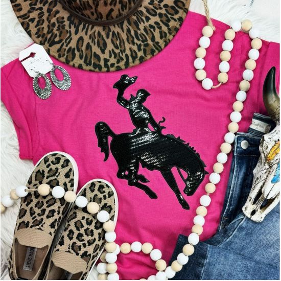 Pink Sequin Rodeo Cowboy Graphic Tee