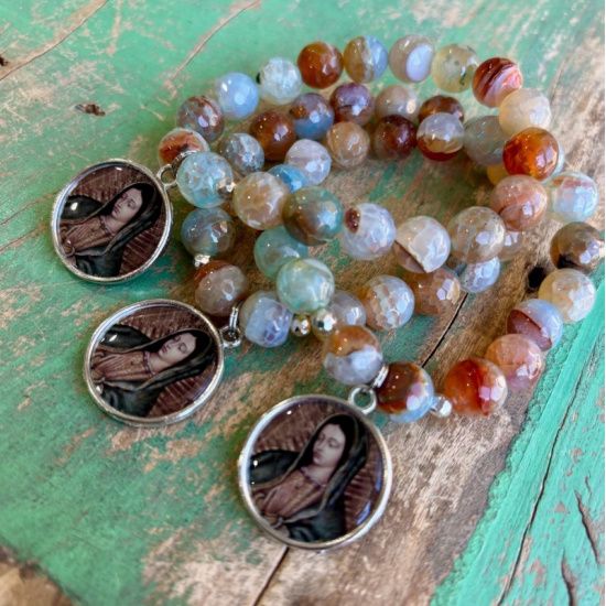 Agate Beaded Guadalupe Medal Bracelet