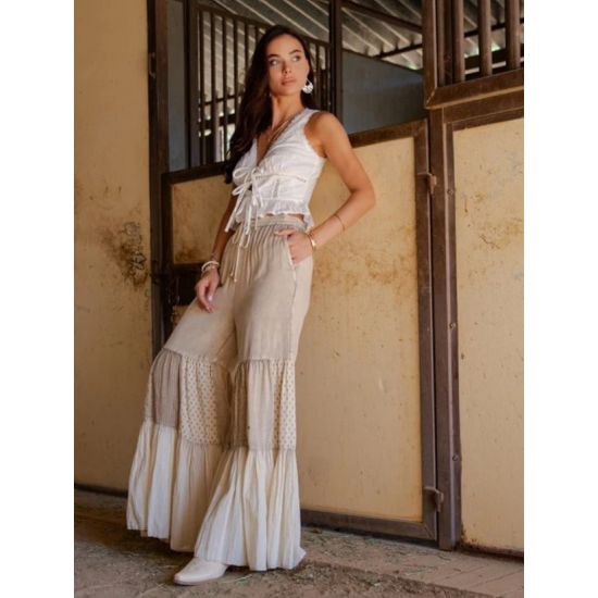 Latte Boho Tiered Wide-Leg Patchwork Pants