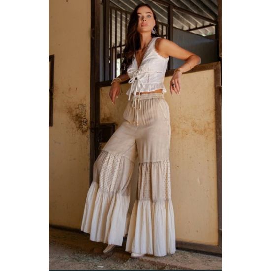 Latte Boho Tiered Wide-Leg Patchwork Pants