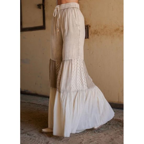 Latte Boho Tiered Wide-Leg Patchwork Pants