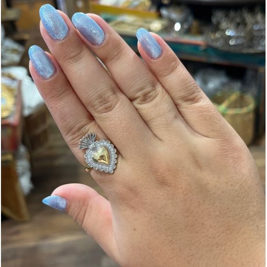 Two Tone Sacred Heart CZ Adjustable Ring