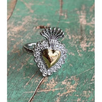 Two Tone Sacred Heart CZ Adjustable Ring