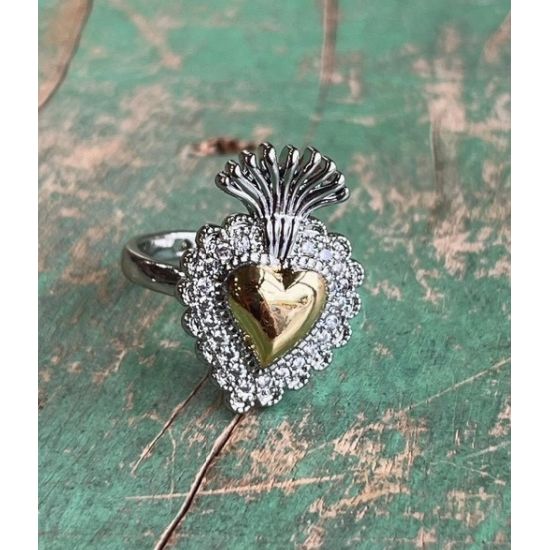 Two Tone Sacred Heart CZ Adjustable Ring