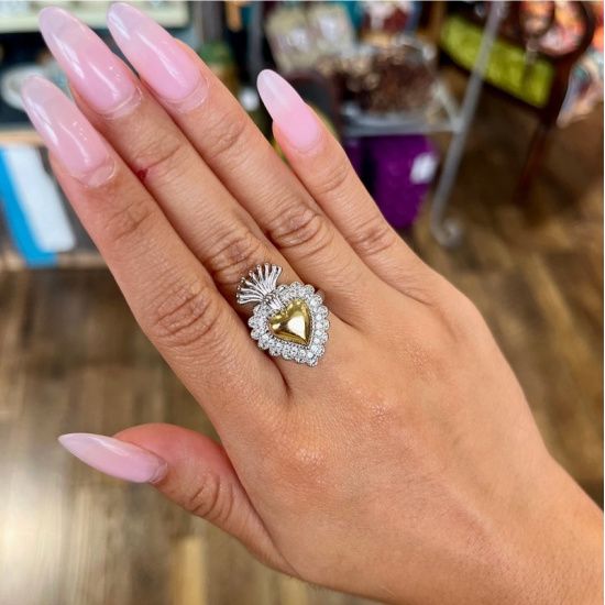 Two Tone Sacred Heart CZ Adjustable Ring