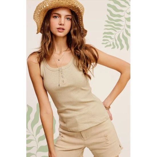 Sand Button Front Ribbed Tank Top
