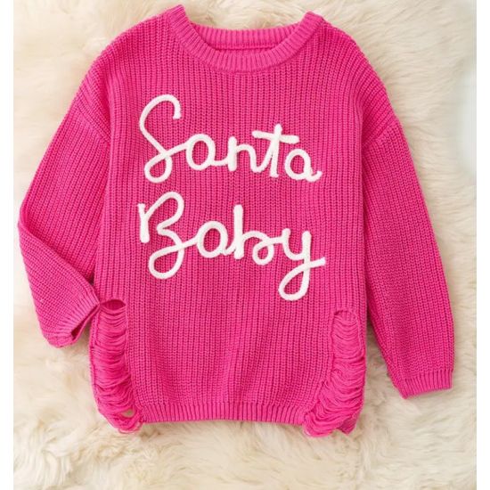 Girls Hot Pink “Santa Baby” Distressed Sweater – Holiday Knit