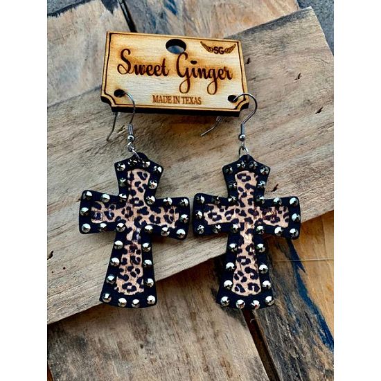 Leopard Wood Cross Earrings