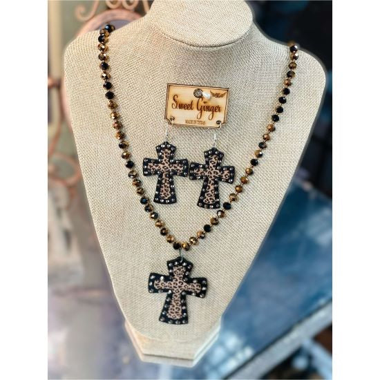 Bronze Beaded Necklace with Leopard Cross