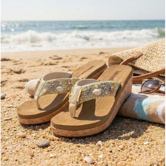 Seashell Embellished Comfort Wave Wedge Flip Flops