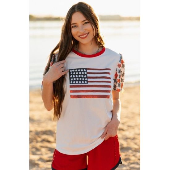 Sequin American Flag Star Sleeve Tee