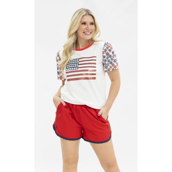Sequin American Flag Star Sleeve Tee