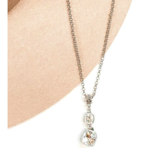 Pink Panache Double Clear Cushion Cut Drop Pendant Necklace in Silver - Rhinestone Gal