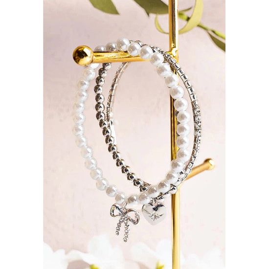 Silver 3 Piece Pearl Beaded Stretchy Bracelet